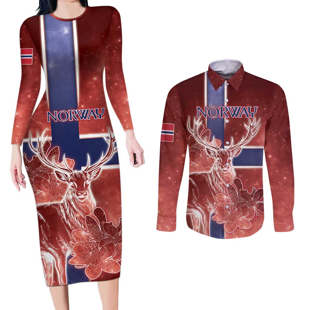 Personalized Norway Couples Matching Long Sleeve Bodycon Dress and Long Sleeve Button Shirt The Moose With Saxifrage Flowers Galaxy Style - Wonder Print Shop