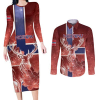 Personalized Norway Couples Matching Long Sleeve Bodycon Dress and Long Sleeve Button Shirt The Moose With Saxifrage Flowers Galaxy Style - Wonder Print Shop