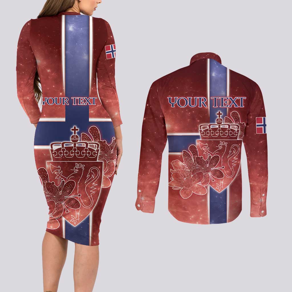 Personalized Norway Couples Matching Long Sleeve Bodycon Dress and Long Sleeve Button Shirt The Moose With Saxifrage Flowers Galaxy Style - Wonder Print Shop