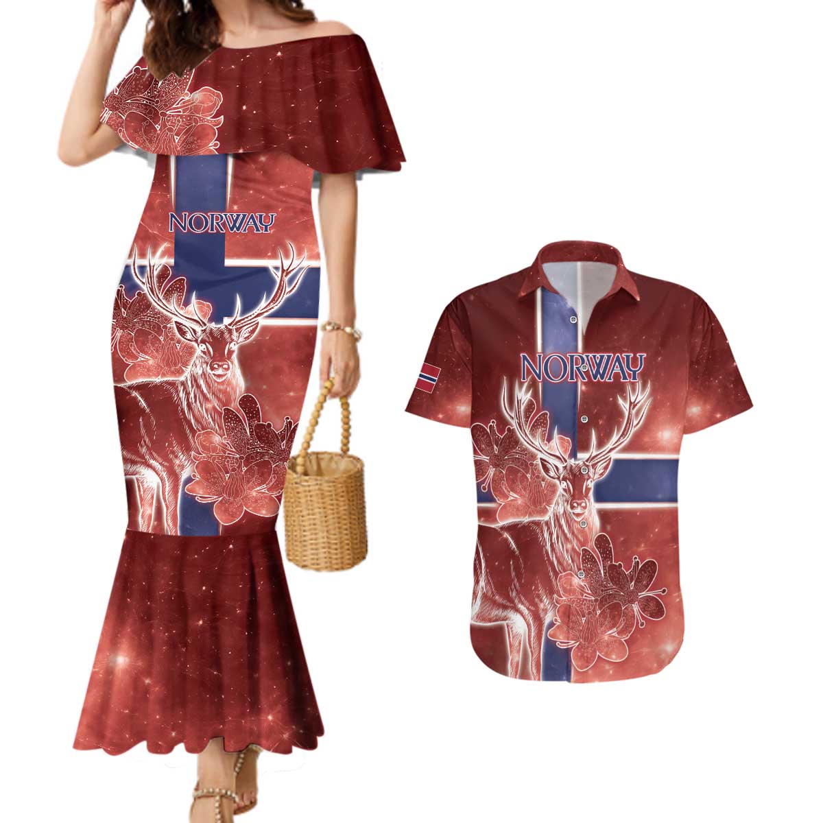 Personalized Norway Couples Matching Mermaid Dress and Hawaiian Shirt The Moose With Saxifrage Flowers Galaxy Style - Wonder Print Shop