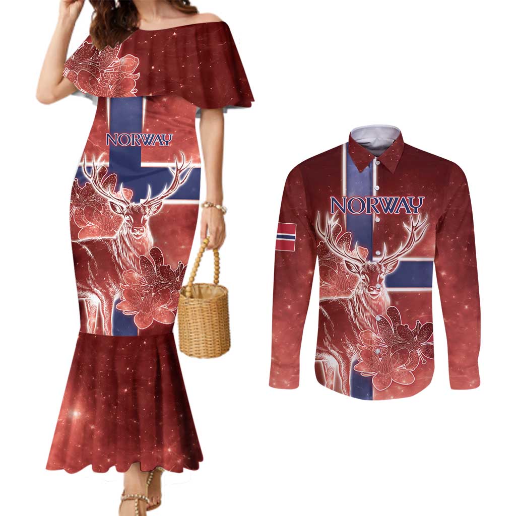 Personalized Norway Couples Matching Mermaid Dress and Long Sleeve Button Shirt The Moose With Saxifrage Flowers Galaxy Style - Wonder Print Shop