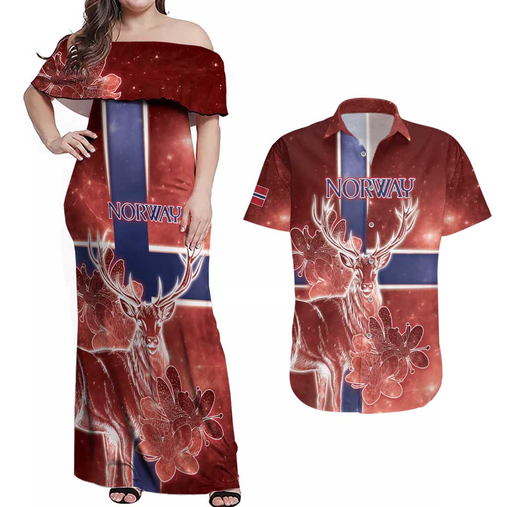 Personalized Norway Couples Matching Off Shoulder Maxi Dress and Hawaiian Shirt The Moose With Saxifrage Flowers Galaxy Style - Wonder Print Shop