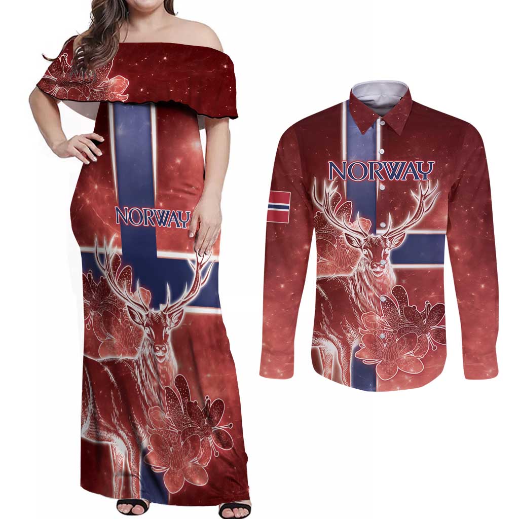 Personalized Norway Couples Matching Off Shoulder Maxi Dress and Long Sleeve Button Shirt The Moose With Saxifrage Flowers Galaxy Style - Wonder Print Shop