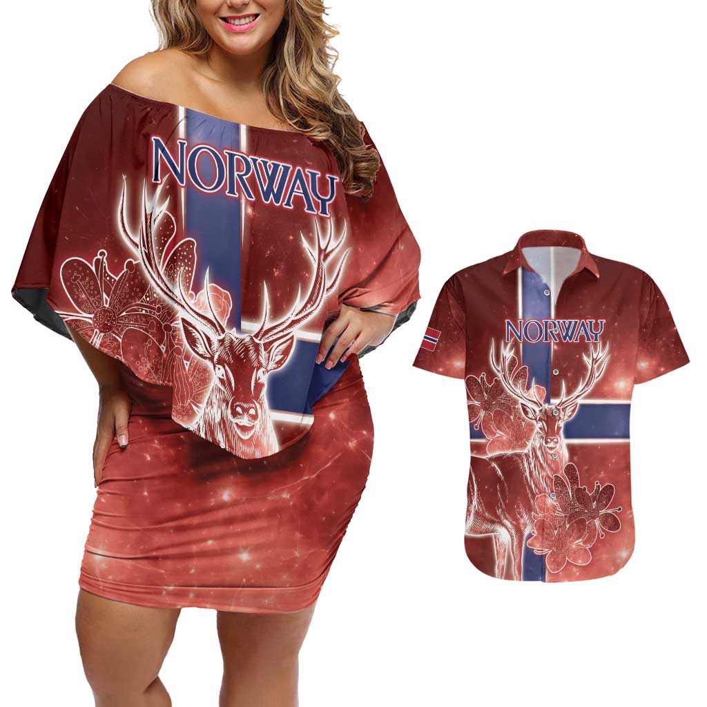 Personalized Norway Couples Matching Off Shoulder Short Dress and Hawaiian Shirt The Moose With Saxifrage Flowers Galaxy Style - Wonder Print Shop