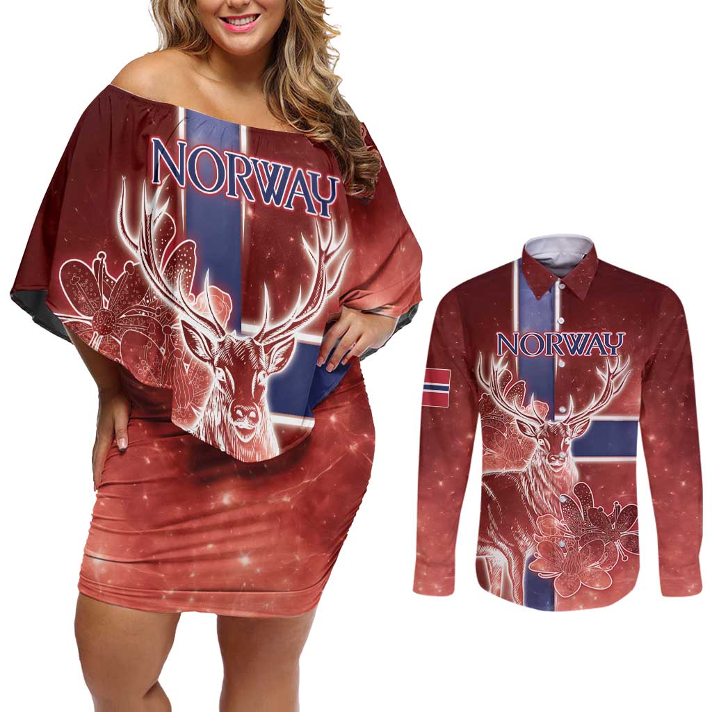 Personalized Norway Couples Matching Off Shoulder Short Dress and Long Sleeve Button Shirt The Moose With Saxifrage Flowers Galaxy Style - Wonder Print Shop