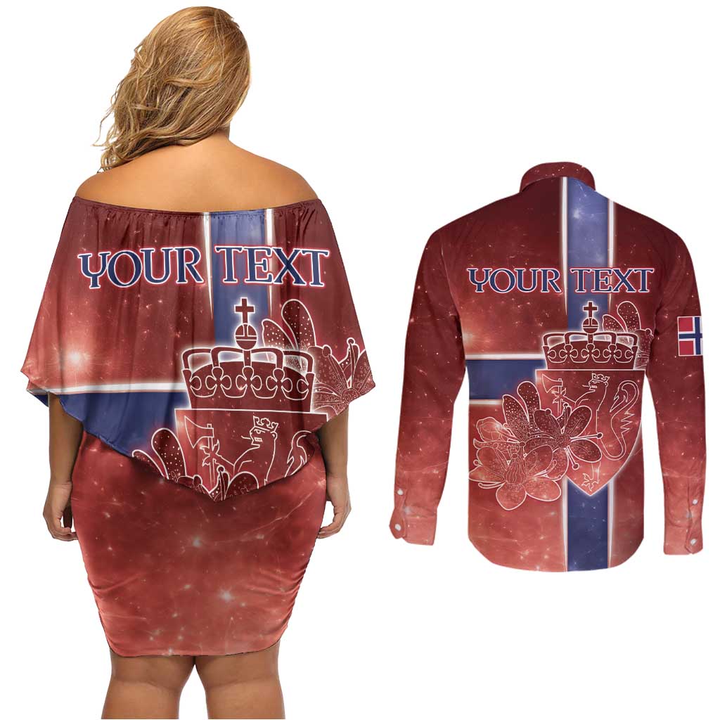 Personalized Norway Couples Matching Off Shoulder Short Dress and Long Sleeve Button Shirt The Moose With Saxifrage Flowers Galaxy Style - Wonder Print Shop