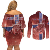 Personalized Norway Couples Matching Off Shoulder Short Dress and Long Sleeve Button Shirt The Moose With Saxifrage Flowers Galaxy Style - Wonder Print Shop