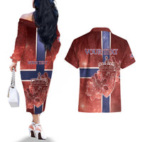 Personalized Norway Couples Matching Off The Shoulder Long Sleeve Dress and Hawaiian Shirt The Moose With Saxifrage Flowers Galaxy Style - Wonder Print Shop