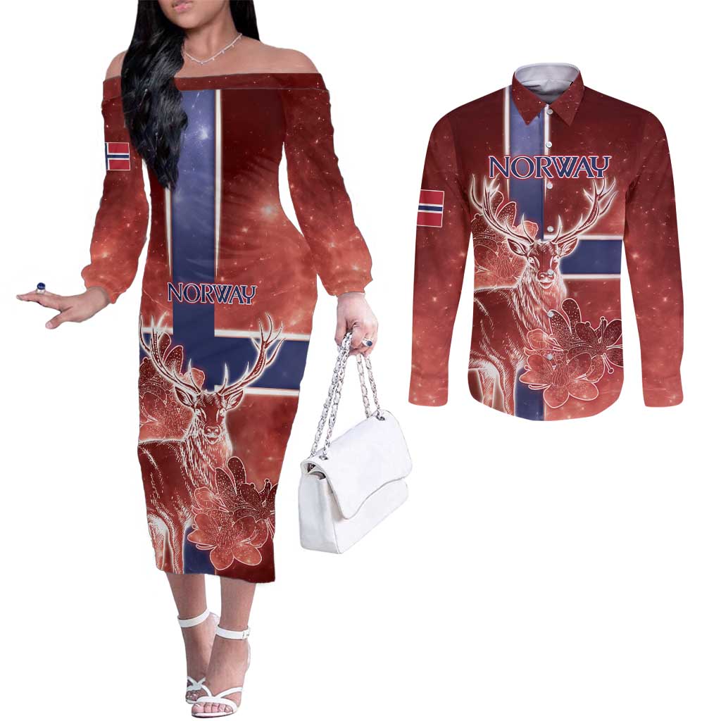 Personalized Norway Couples Matching Off The Shoulder Long Sleeve Dress and Long Sleeve Button Shirt The Moose With Saxifrage Flowers Galaxy Style - Wonder Print Shop