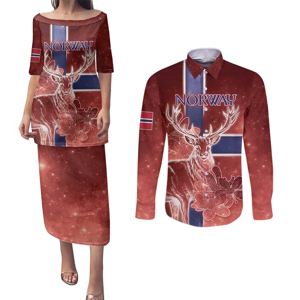 Personalized Norway Couples Matching Puletasi and Long Sleeve Button Shirt The Moose With Saxifrage Flowers Galaxy Style - Wonder Print Shop