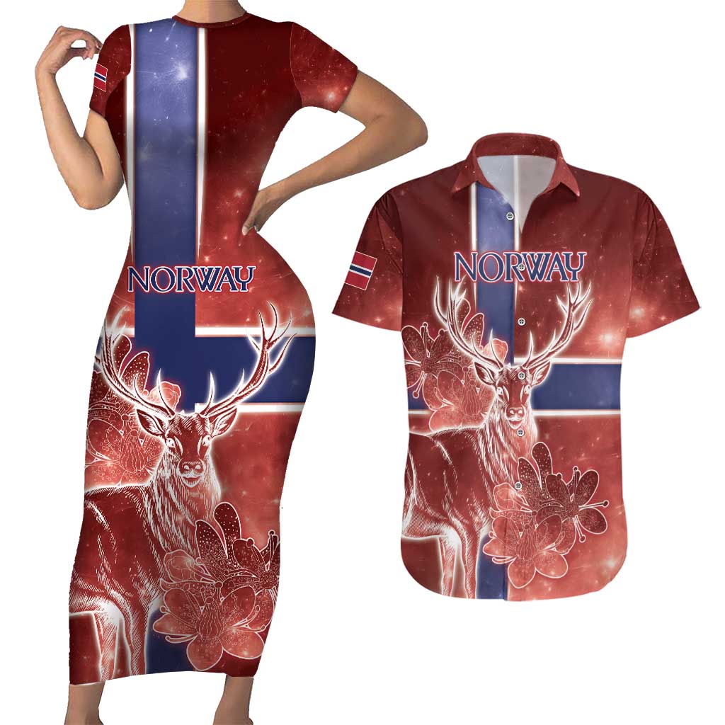 Personalized Norway Couples Matching Short Sleeve Bodycon Dress and Hawaiian Shirt The Moose With Saxifrage Flowers Galaxy Style - Wonder Print Shop