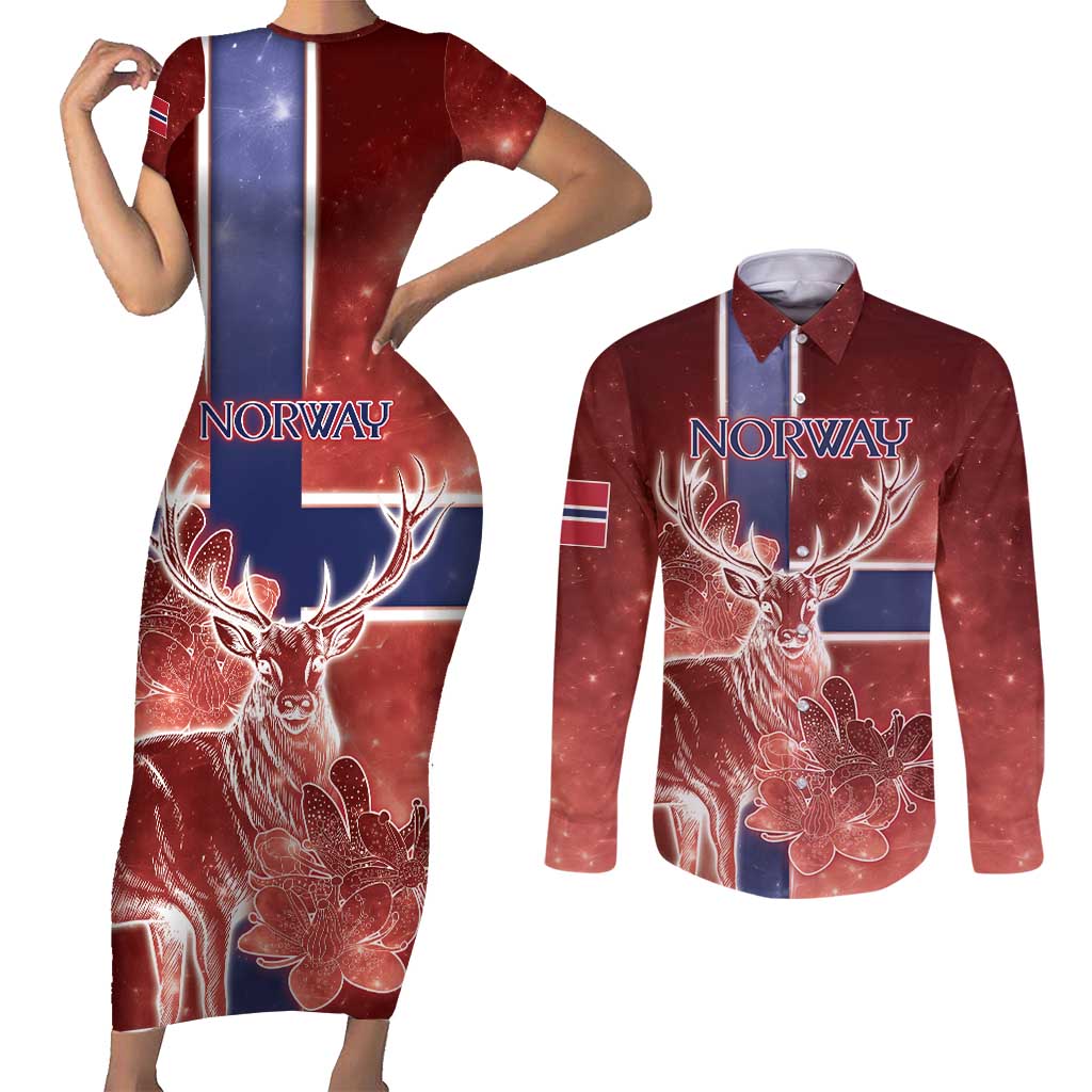 Personalized Norway Couples Matching Short Sleeve Bodycon Dress and Long Sleeve Button Shirt The Moose With Saxifrage Flowers Galaxy Style - Wonder Print Shop