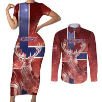 Personalized Norway Couples Matching Short Sleeve Bodycon Dress and Long Sleeve Button Shirt The Moose With Saxifrage Flowers Galaxy Style - Wonder Print Shop