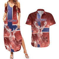 Personalized Norway Couples Matching Summer Maxi Dress and Hawaiian Shirt The Moose With Saxifrage Flowers Galaxy Style - Wonder Print Shop