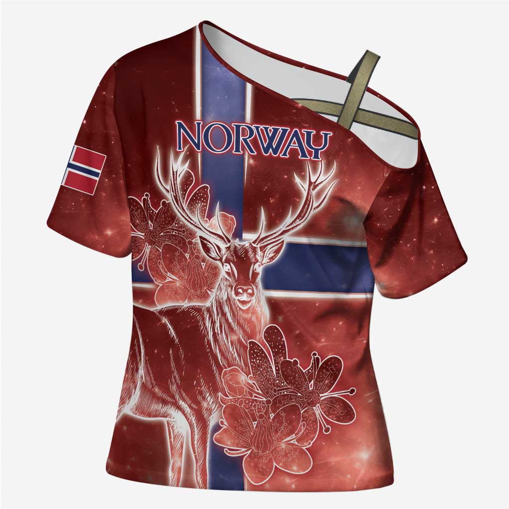 Personalized Norway Cross Shoulder Shirt The Moose With Saxifrage Flowers Galaxy Style - Wonder Print Shop