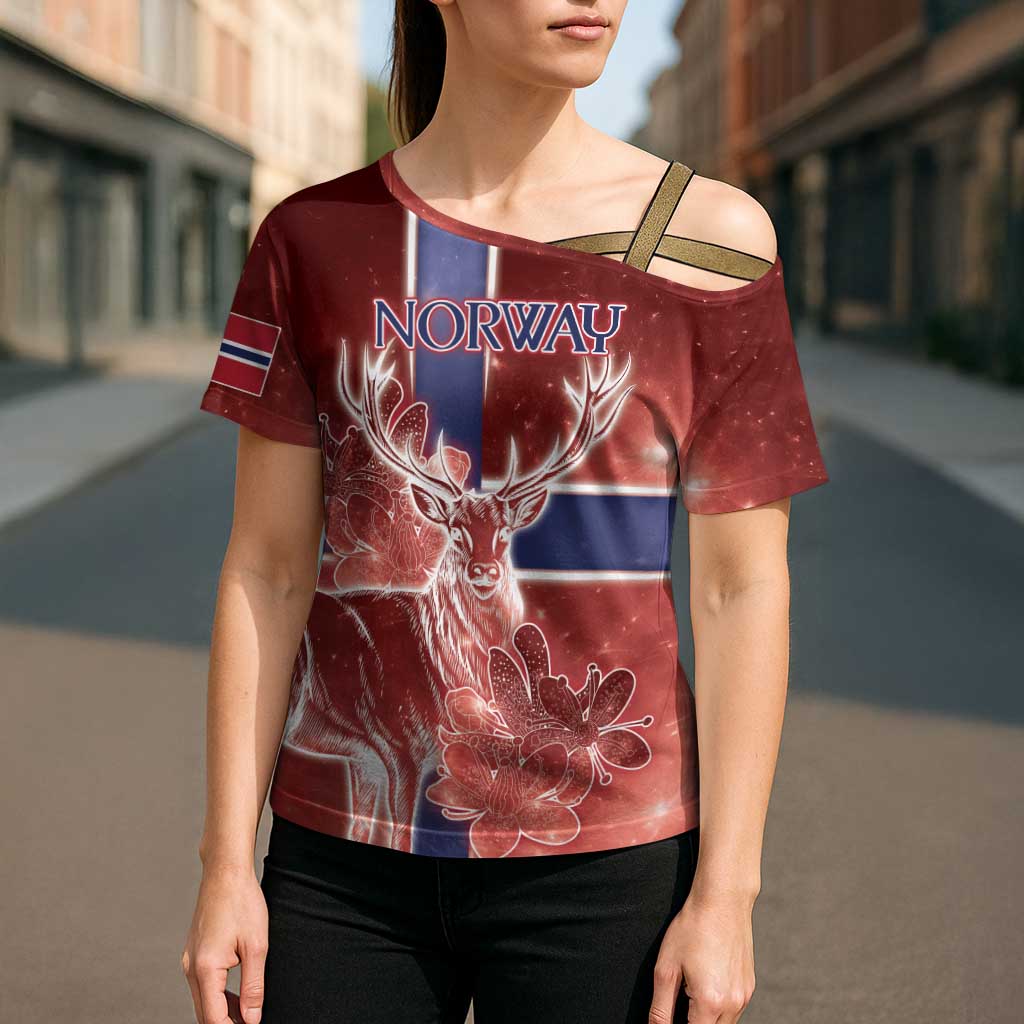 Personalized Norway Cross Shoulder Shirt The Moose With Saxifrage Flowers Galaxy Style - Wonder Print Shop