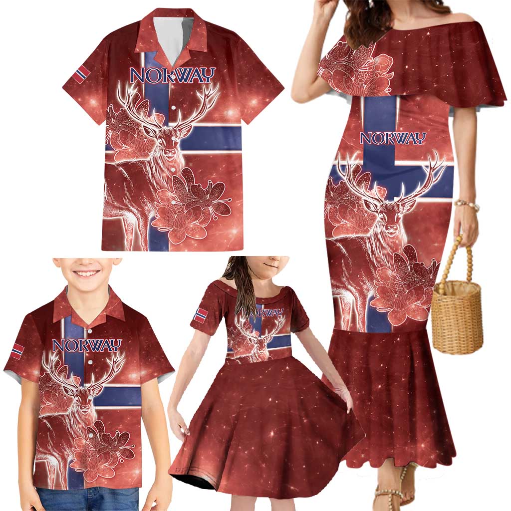 Personalized Norway Family Matching Mermaid Dress and Hawaiian Shirt The Moose With Saxifrage Flowers Galaxy Style - Wonder Print Shop