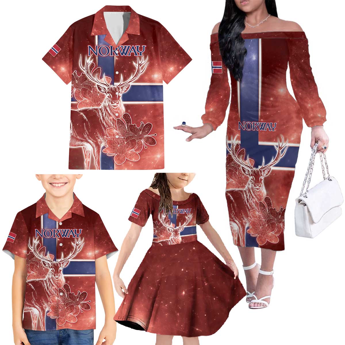 Personalized Norway Family Matching Off The Shoulder Long Sleeve Dress and Hawaiian Shirt The Moose With Saxifrage Flowers Galaxy Style - Wonder Print Shop