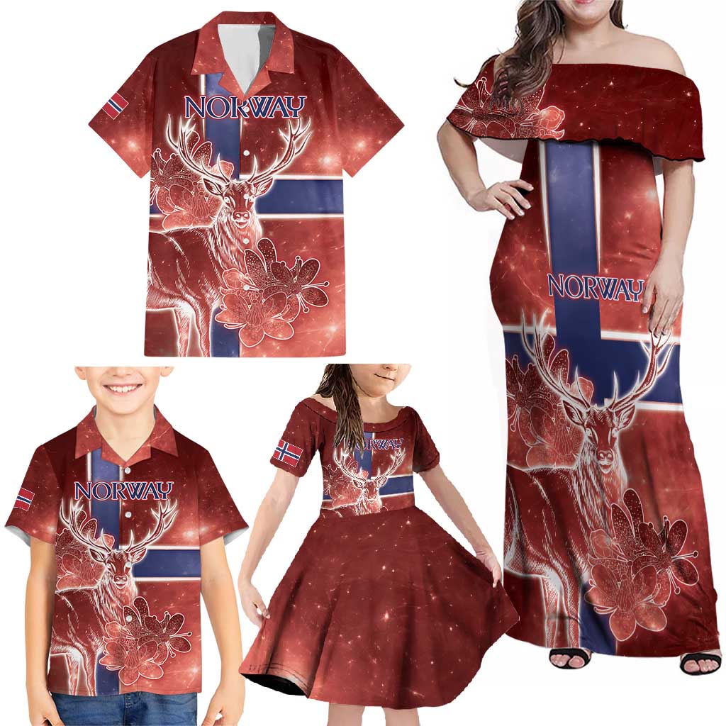 Personalized Norway Family Matching Off Shoulder Maxi Dress and Hawaiian Shirt The Moose With Saxifrage Flowers Galaxy Style - Wonder Print Shop