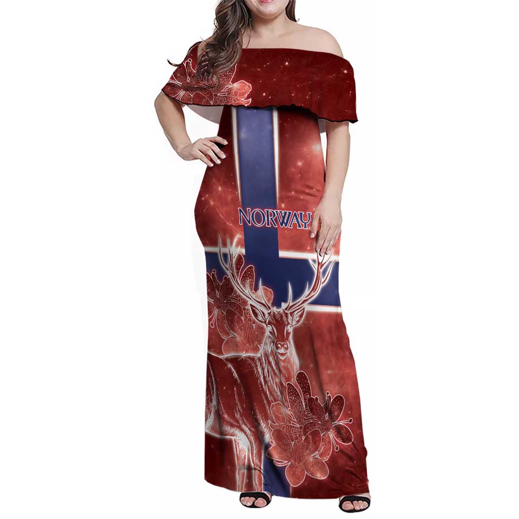 Personalized Norway Family Matching Off Shoulder Maxi Dress and Hawaiian Shirt The Moose With Saxifrage Flowers Galaxy Style - Wonder Print Shop