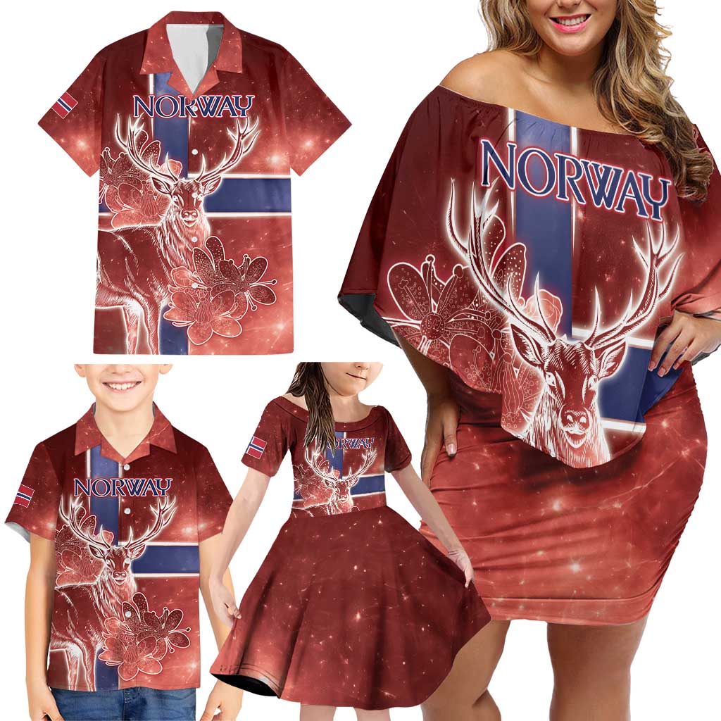 Personalized Norway Family Matching Off Shoulder Short Dress and Hawaiian Shirt The Moose With Saxifrage Flowers Galaxy Style - Wonder Print Shop