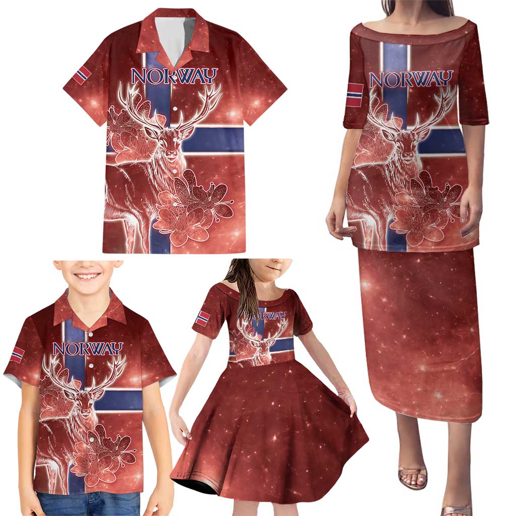 Personalized Norway Family Matching Puletasi and Hawaiian Shirt The Moose With Saxifrage Flowers Galaxy Style - Wonder Print Shop