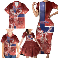 Personalized Norway Family Matching Short Sleeve Bodycon Dress and Hawaiian Shirt The Moose With Saxifrage Flowers Galaxy Style - Wonder Print Shop