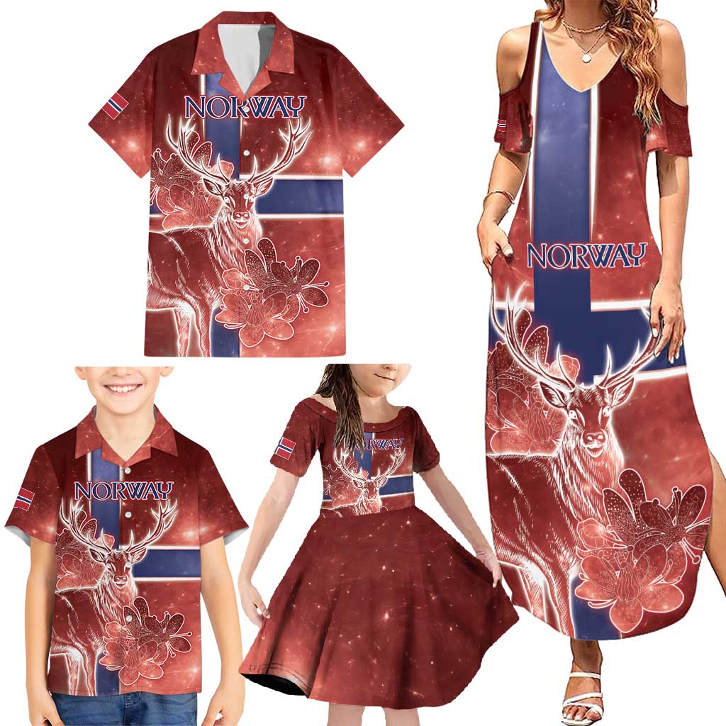 Personalized Norway Family Matching Summer Maxi Dress and Hawaiian Shirt The Moose With Saxifrage Flowers Galaxy Style - Wonder Print Shop