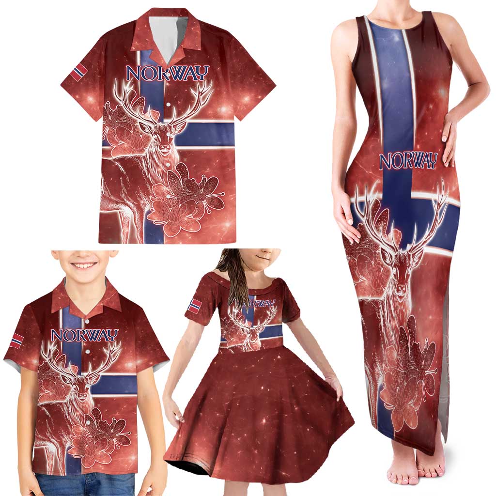 Personalized Norway Family Matching Tank Maxi Dress and Hawaiian Shirt The Moose With Saxifrage Flowers Galaxy Style - Wonder Print Shop