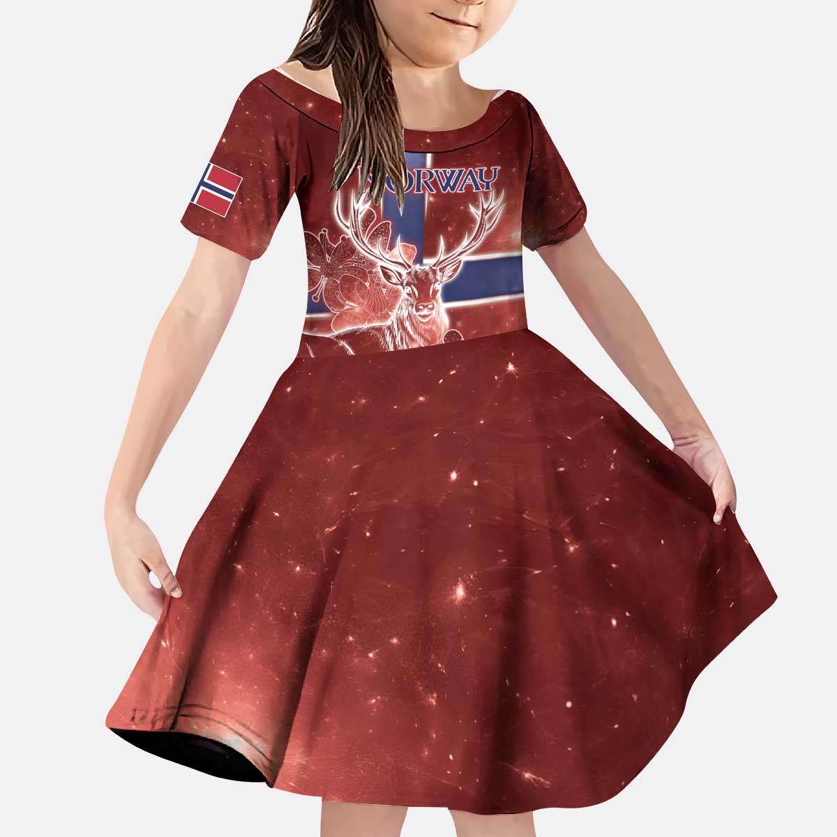 Personalized Norway Kid Short Sleeve Dress The Moose With Saxifrage Flowers Galaxy Style - Wonder Print Shop