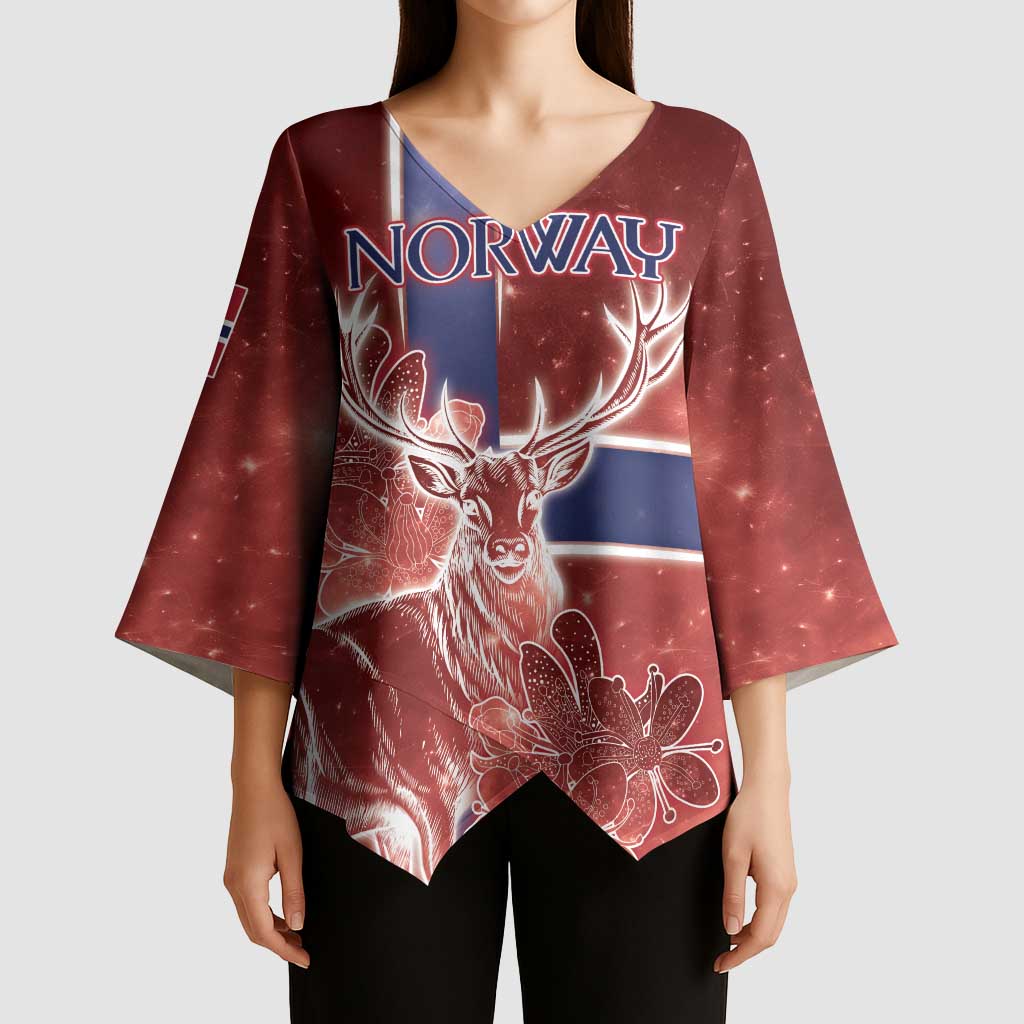 Personalized Norway Kimono Sleeve Blouse The Moose With Saxifrage Flowers Galaxy Style - Wonder Print Shop