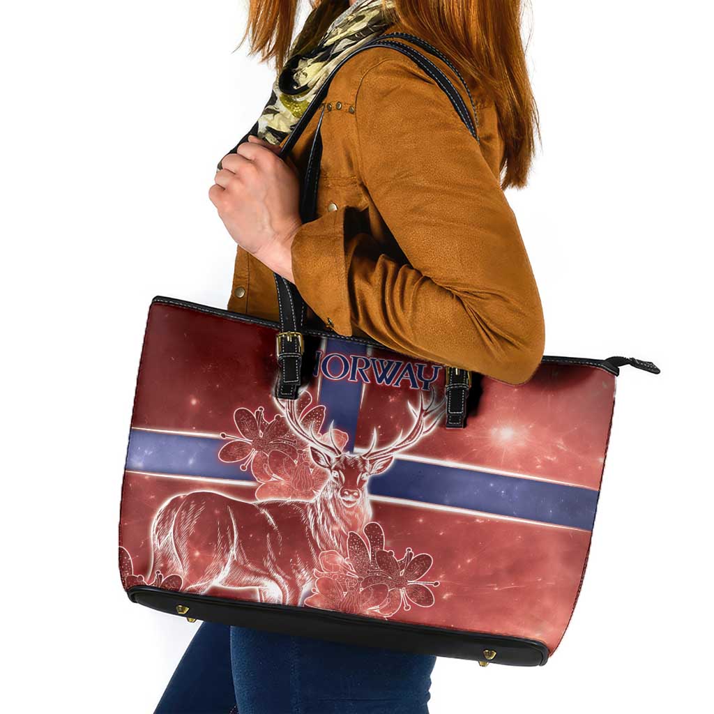 Norway Leather Tote Bag The Moose With Saxifrage Flowers Galaxy Style - Wonder Print Shop
