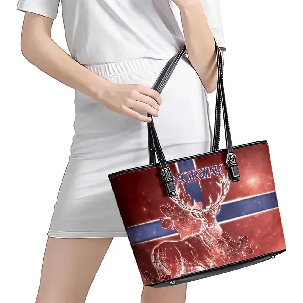 Norway Leather Tote Bag The Moose With Saxifrage Flowers Galaxy Style - Wonder Print Shop