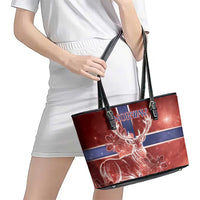 Norway Leather Tote Bag The Moose With Saxifrage Flowers Galaxy Style - Wonder Print Shop