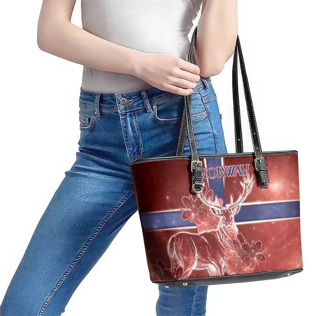 Norway Leather Tote Bag The Moose With Saxifrage Flowers Galaxy Style - Wonder Print Shop