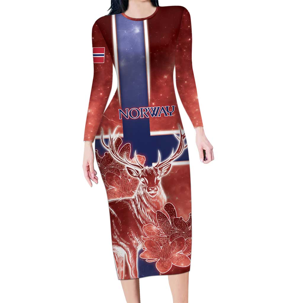 Personalized Norway Long Sleeve Bodycon Dress The Moose With Saxifrage Flowers Galaxy Style - Wonder Print Shop