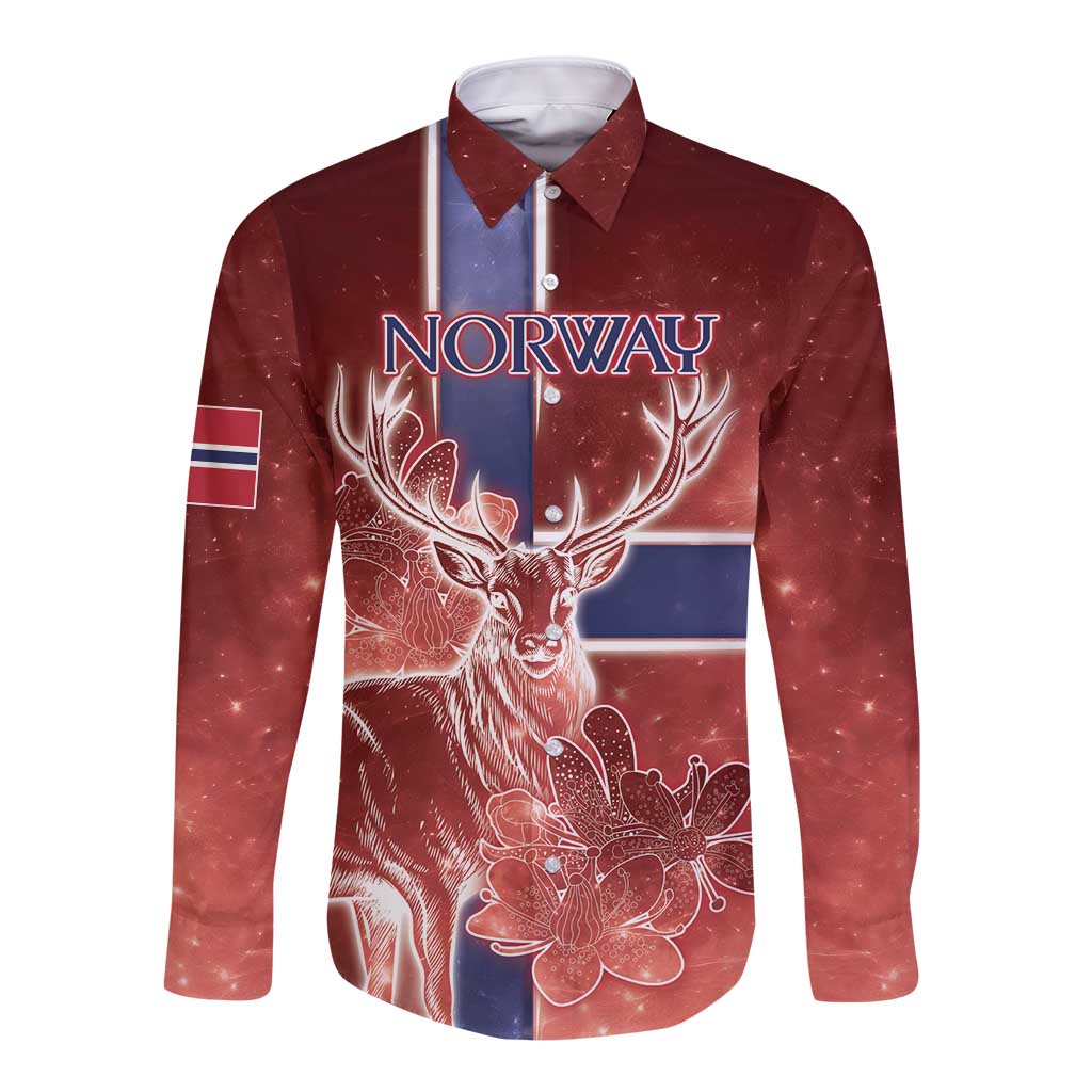 Personalized Norway Long Sleeve Button Shirt The Moose With Saxifrage Flowers Galaxy Style - Wonder Print Shop