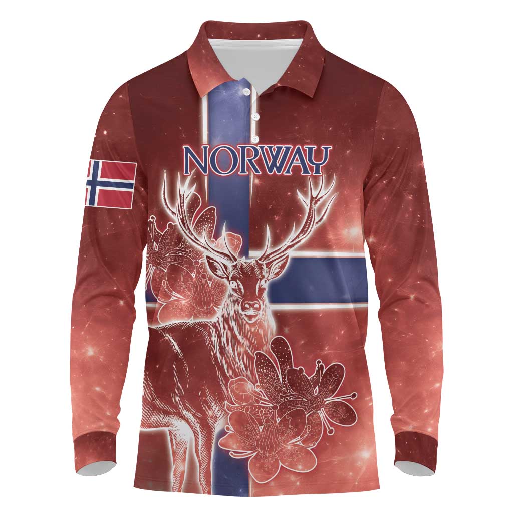 Personalized Norway Long Sleeve Polo Shirt The Moose With Saxifrage Flowers Galaxy Style - Wonder Print Shop