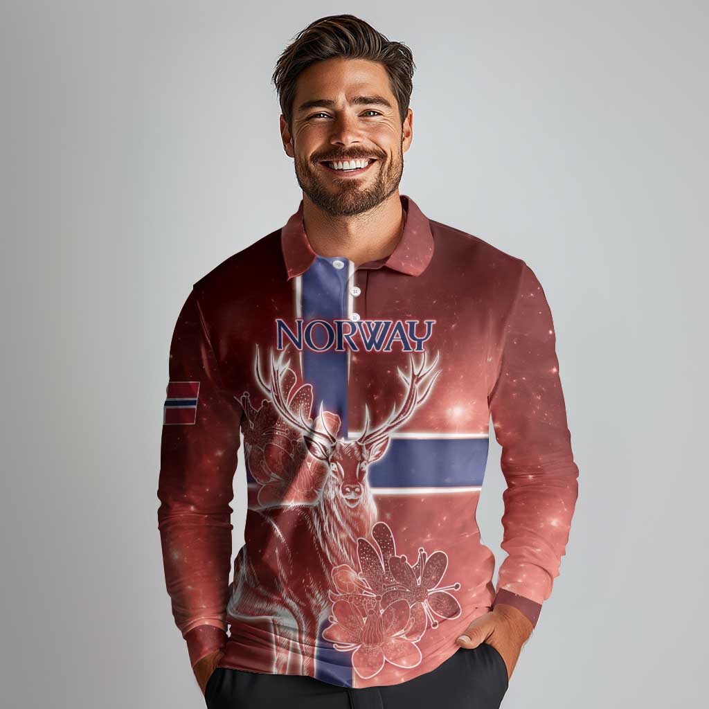 Personalized Norway Long Sleeve Polo Shirt The Moose With Saxifrage Flowers Galaxy Style - Wonder Print Shop