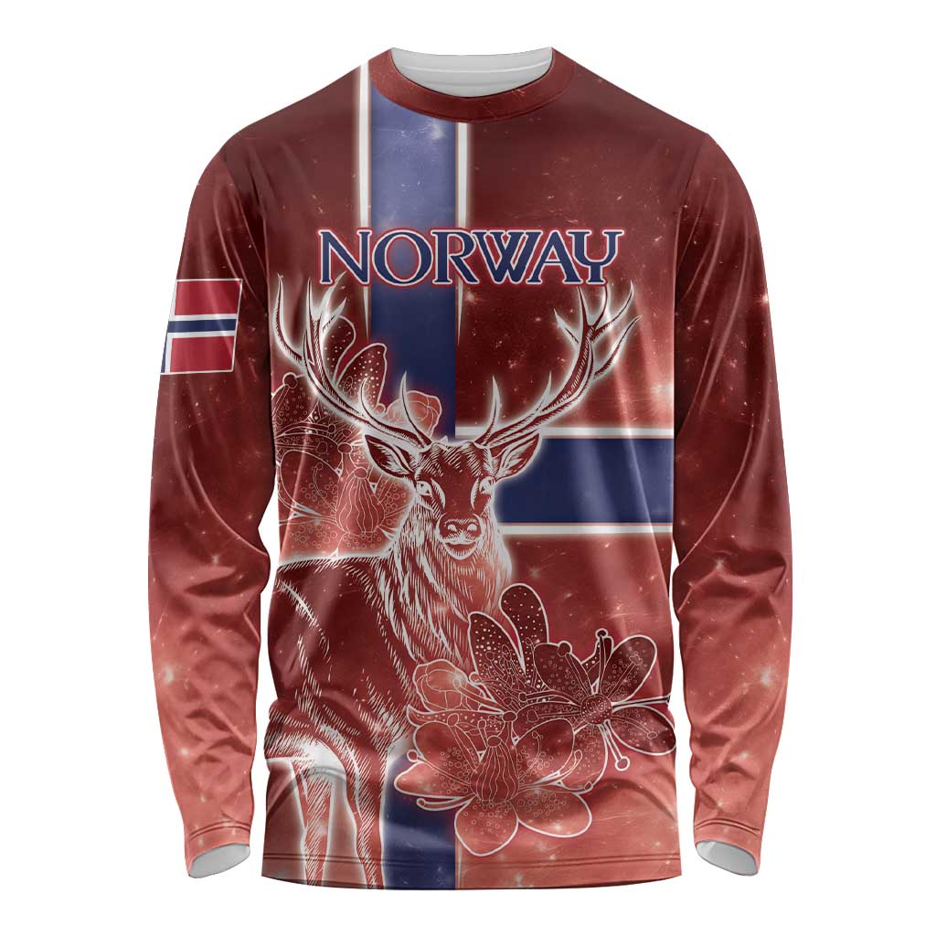 Personalized Norway Long Sleeve Shirt The Moose With Saxifrage Flowers Galaxy Style - Wonder Print Shop