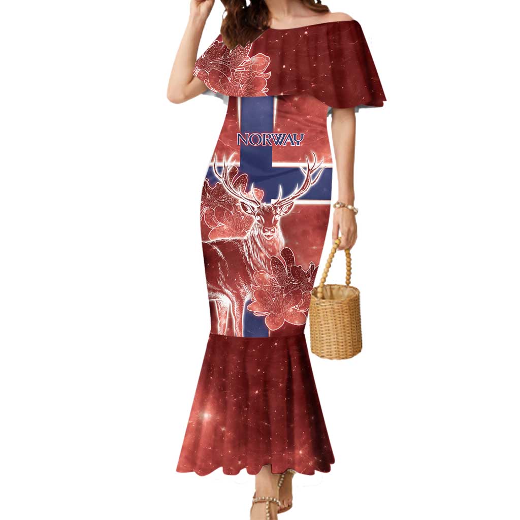 Personalized Norway Mermaid Dress The Moose With Saxifrage Flowers Galaxy Style - Wonder Print Shop