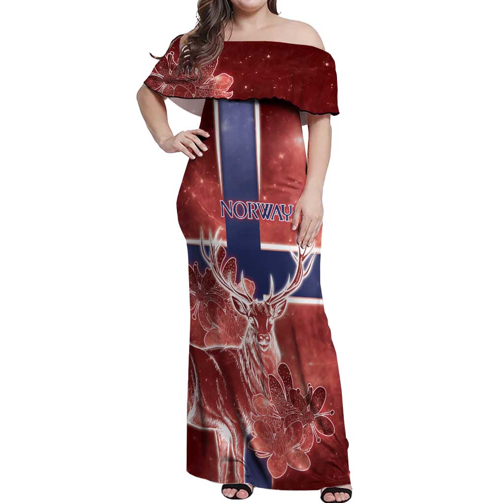 Personalized Norway Off Shoulder Maxi Dress The Moose With Saxifrage Flowers Galaxy Style - Wonder Print Shop