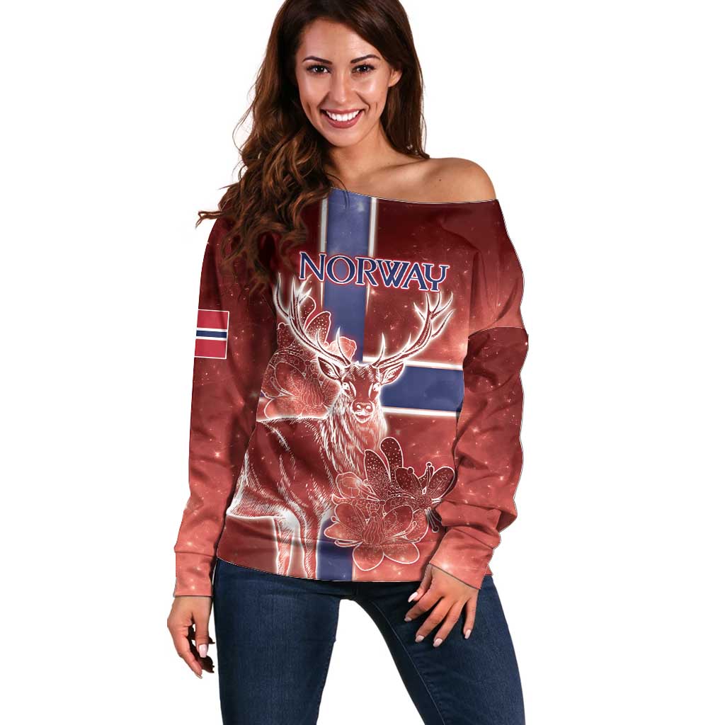 Personalized Norway Off Shoulder Sweater The Moose With Saxifrage Flowers Galaxy Style - Wonder Print Shop