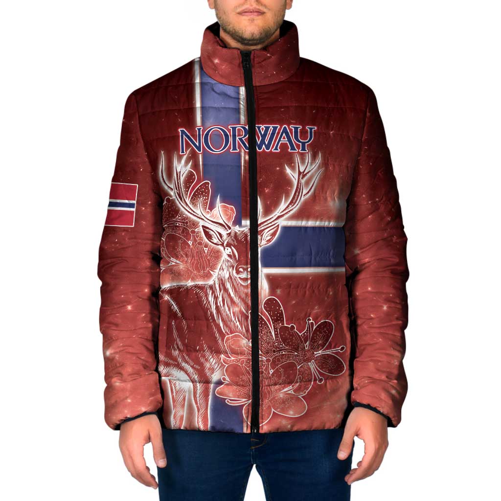 Personalized Norway Padded Jacket The Moose With Saxifrage Flowers Galaxy Style - Wonder Print Shop