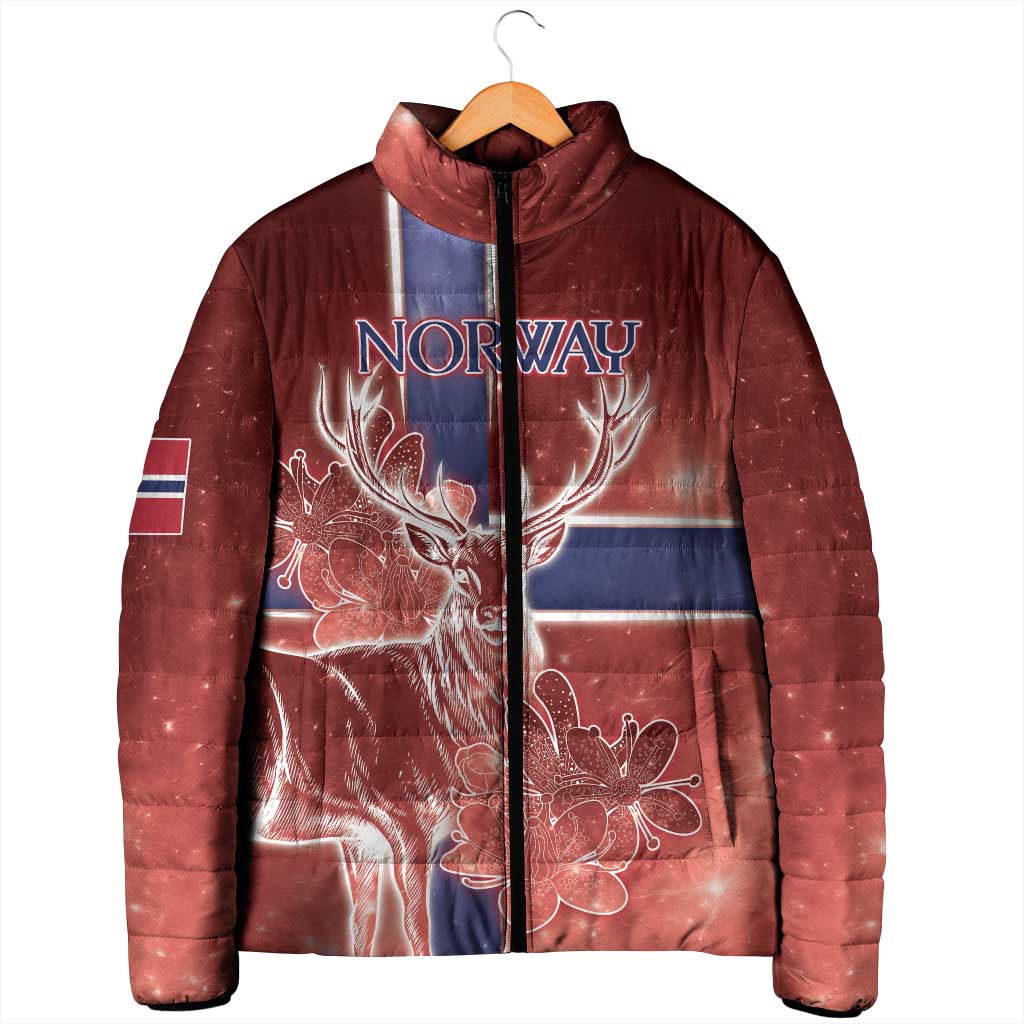 Personalized Norway Padded Jacket The Moose With Saxifrage Flowers Galaxy Style - Wonder Print Shop