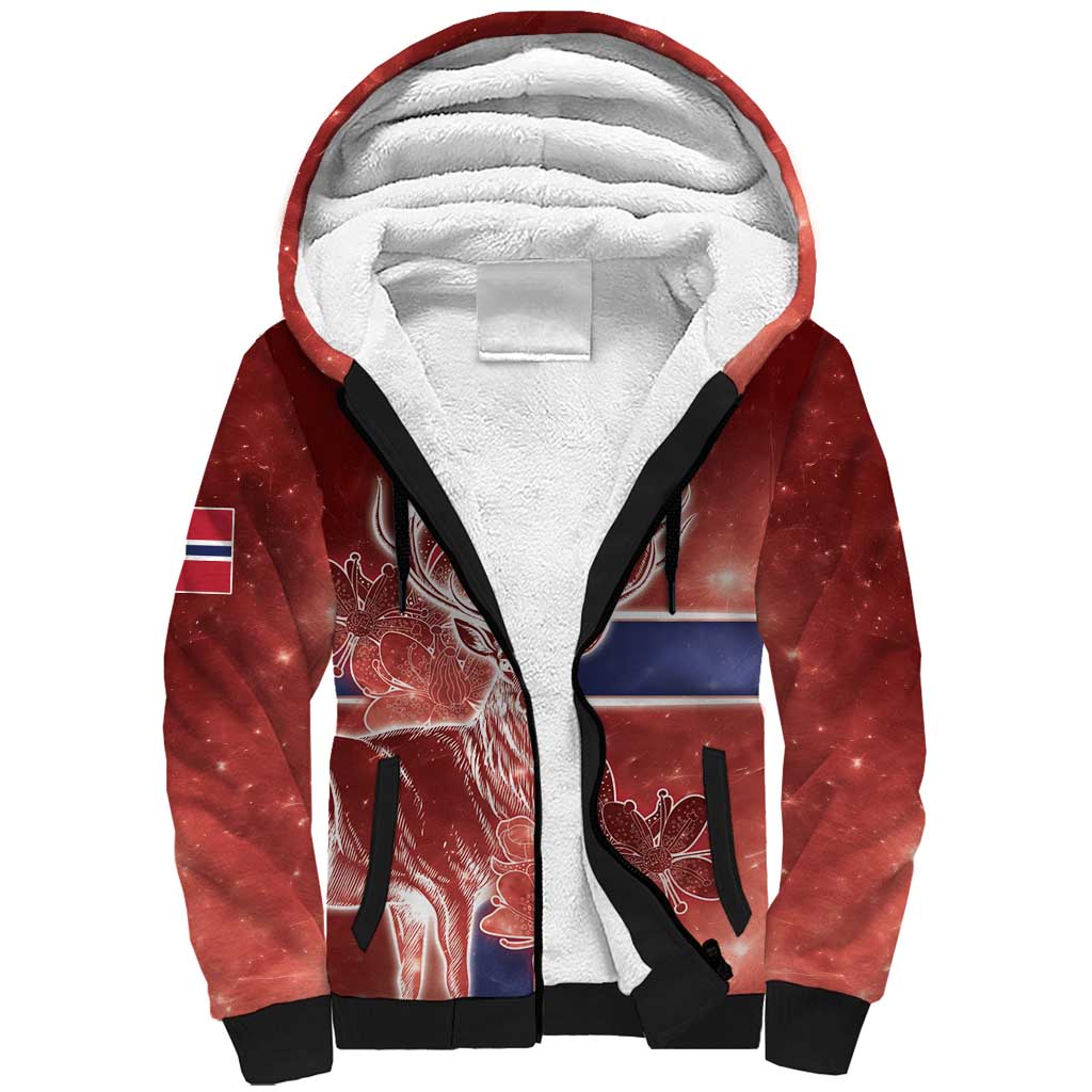 Personalized Norway Sherpa Hoodie The Moose With Saxifrage Flowers Galaxy Style - Wonder Print Shop