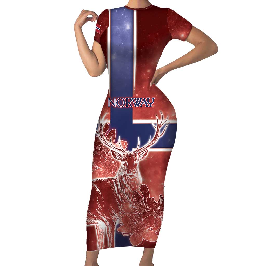 Personalized Norway Short Sleeve Bodycon Dress The Moose With Saxifrage Flowers Galaxy Style - Wonder Print Shop