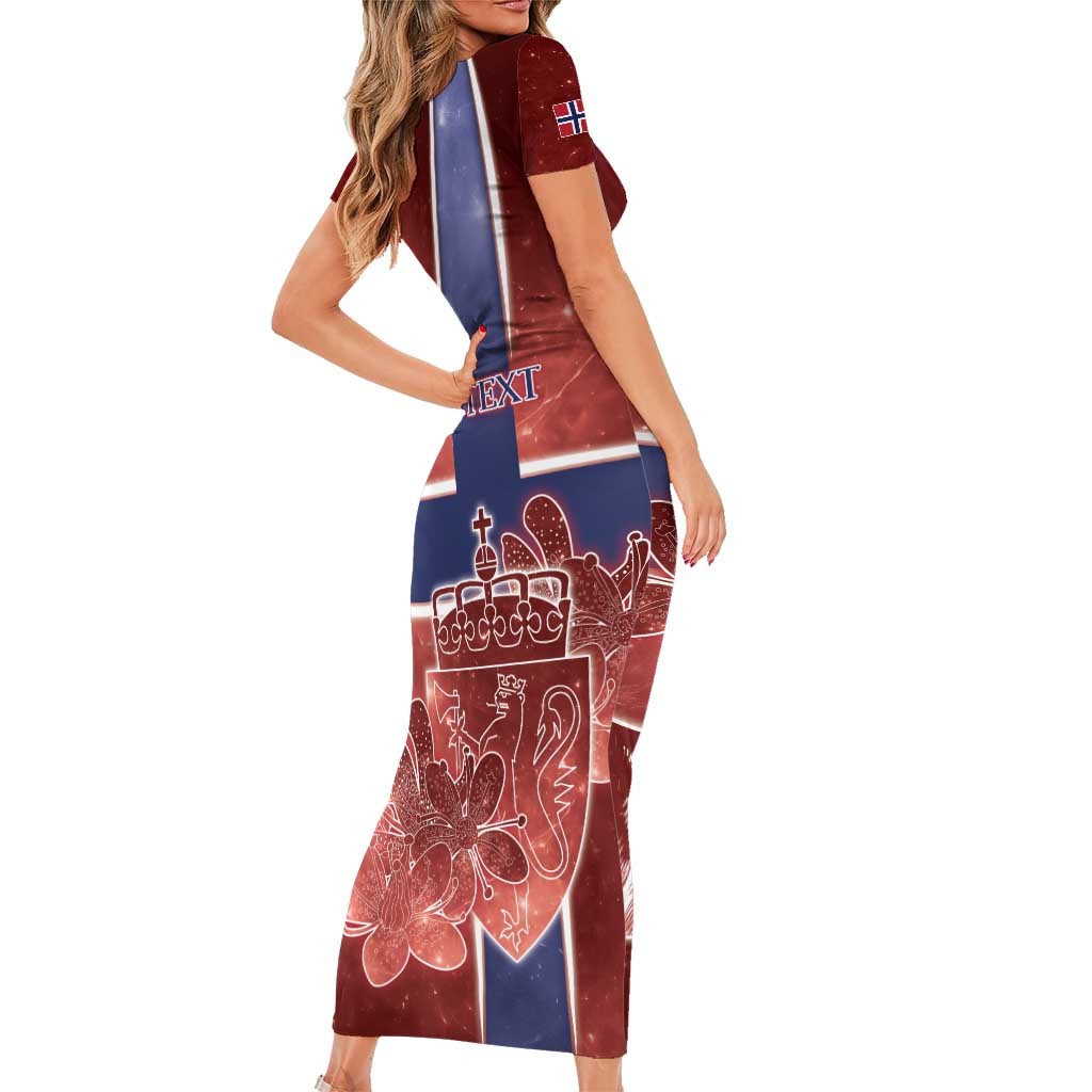 Personalized Norway Short Sleeve Bodycon Dress The Moose With Saxifrage Flowers Galaxy Style - Wonder Print Shop