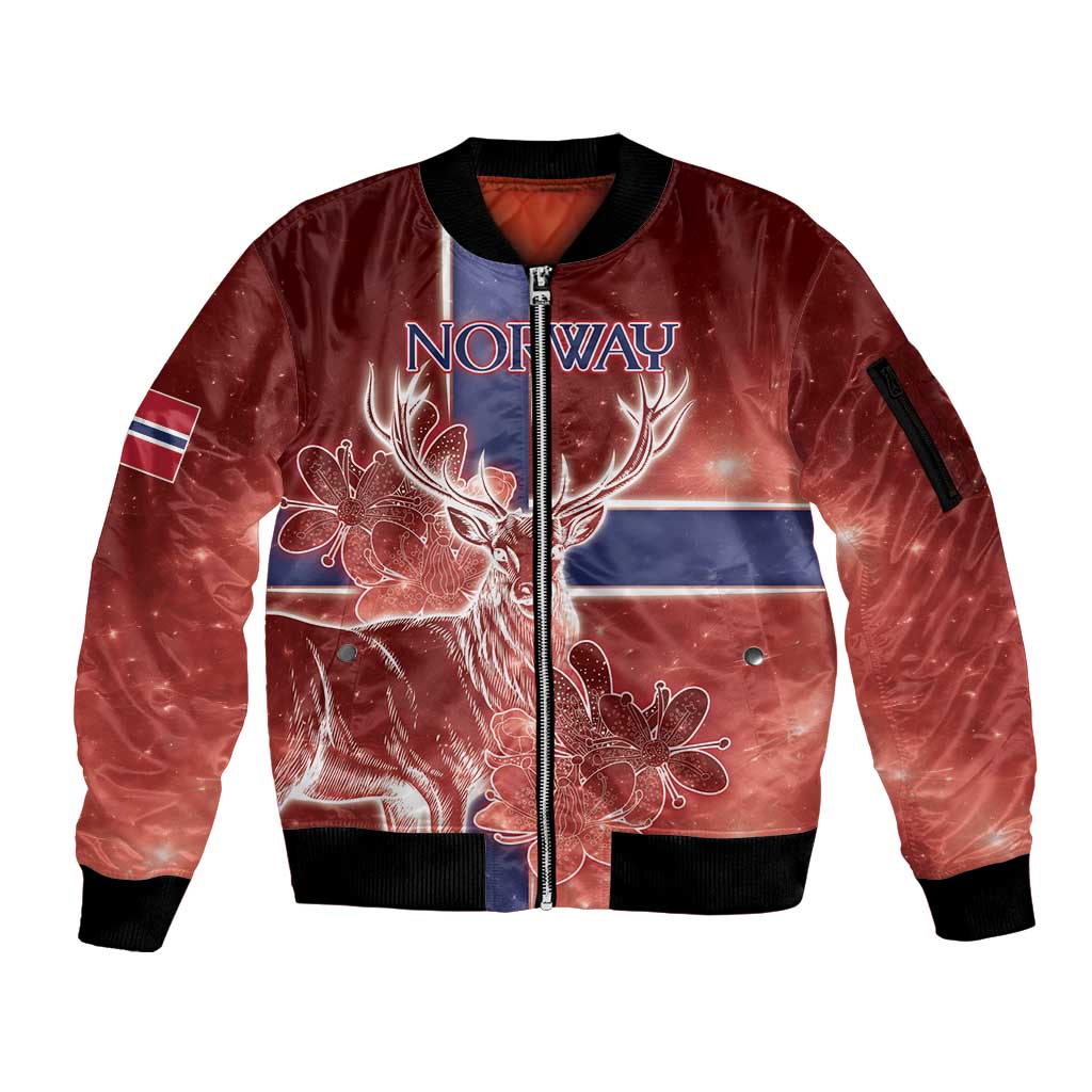 Personalized Norway Sleeve Zip Bomber Jacket The Moose With Saxifrage Flowers Galaxy Style - Wonder Print Shop