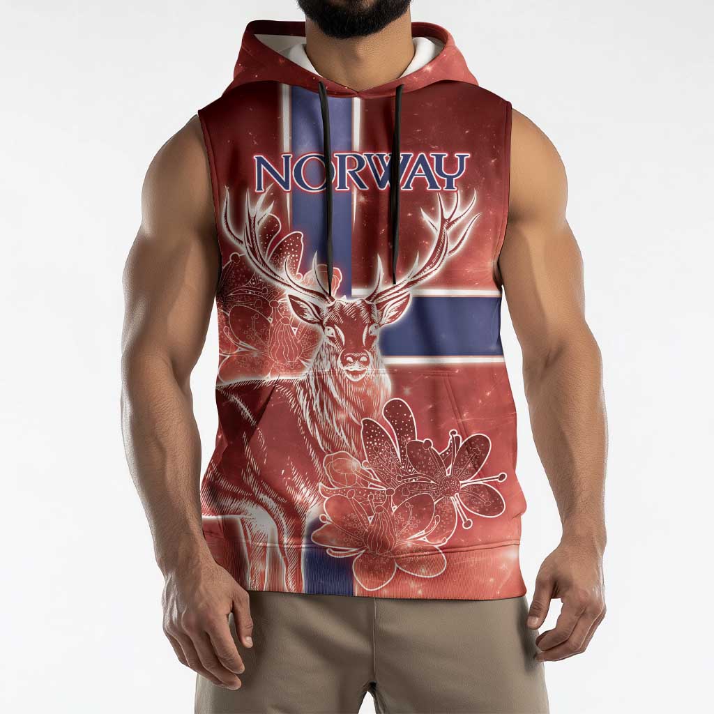 Personalized Norway Sleeveless Hoodie The Moose With Saxifrage Flowers Galaxy Style - Wonder Print Shop